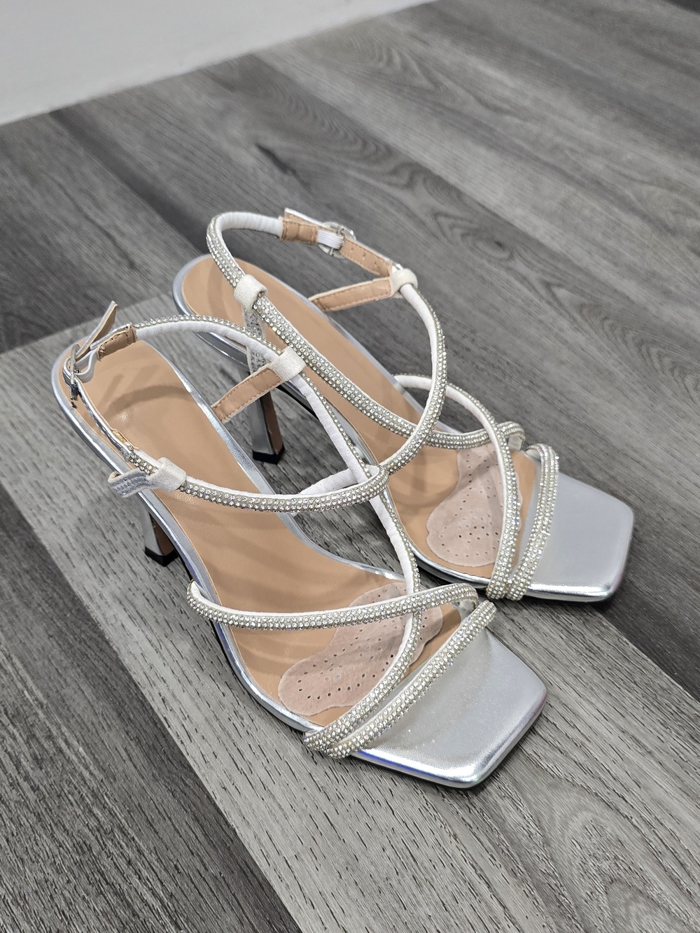 Fashion Nova Silver Rhinestone Strappy High Heel Sandals